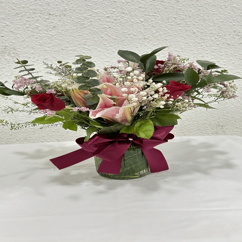Red Roses & Lilies in Glass Vase