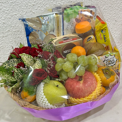 Floral_Fruits with Biscuit Items Gift Basket